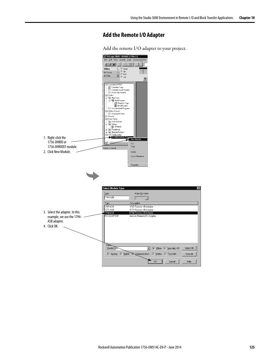 Add the remote i/o adapter | Rockwell Automation 1756-DHRIO_DHRIOXT ControlLogix Data Highway Plus-Remote I/O Communication Interface Module User Manual | Page 125 / 176