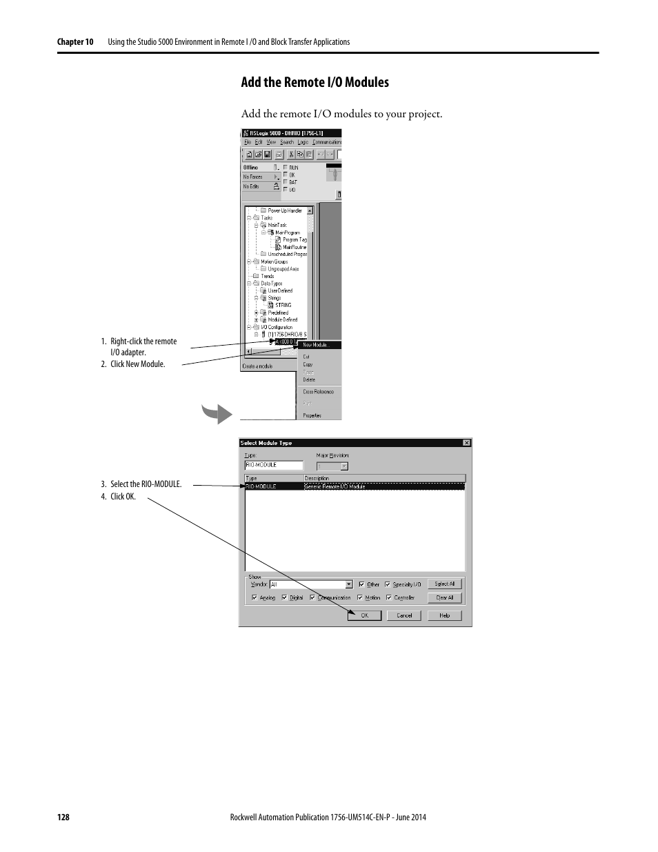 Add the remote i/o modules | Rockwell Automation 1756-DHRIO_DHRIOXT ControlLogix Data Highway Plus-Remote I/O Communication Interface Module User Manual | Page 128 / 176