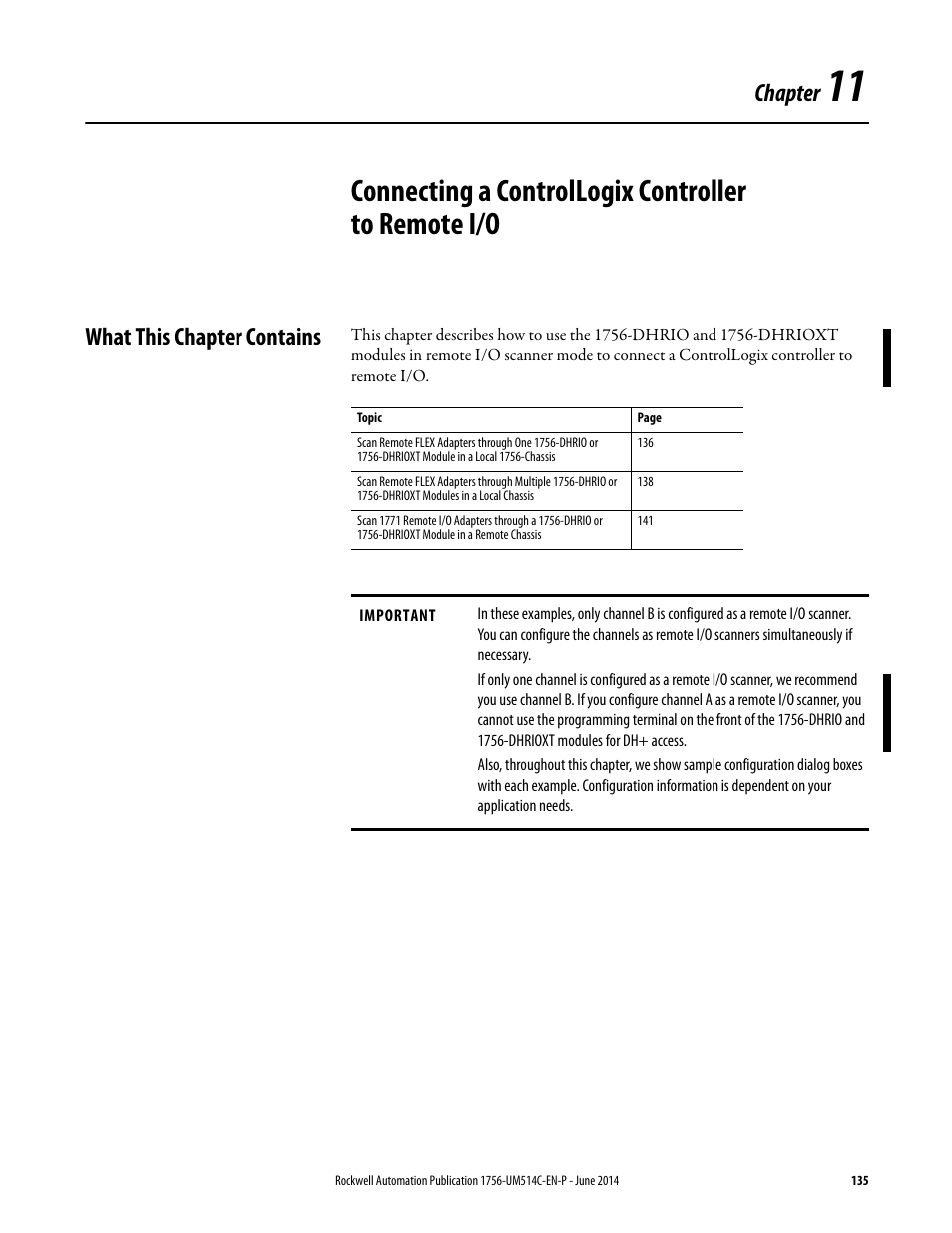 What this chapter contains, Chapter 11, Connecting a controllogix controller to remote i/o | Chapter | Rockwell Automation 1756-DHRIO_DHRIOXT ControlLogix Data Highway Plus-Remote I/O Communication Interface Module User Manual | Page 135 / 176