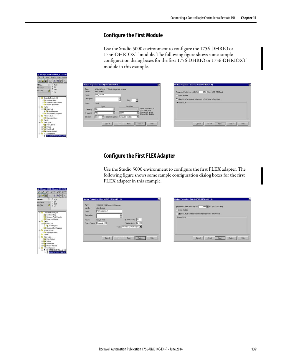 Configure the first module, Configure the first flex adapter | Rockwell Automation 1756-DHRIO_DHRIOXT ControlLogix Data Highway Plus-Remote I/O Communication Interface Module User Manual | Page 139 / 176