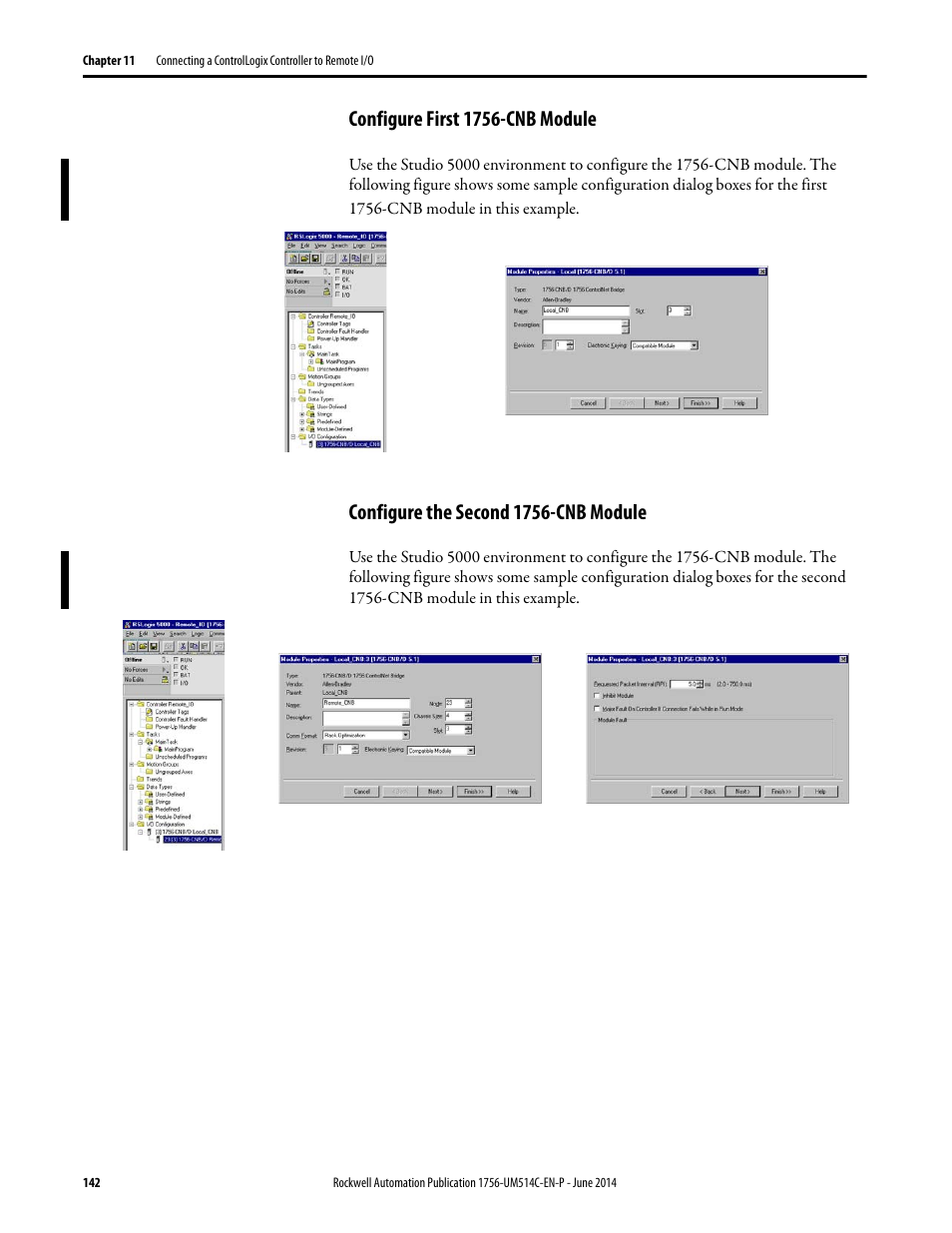 Configure first 1756-cnb module, Configure the second 1756-cnb module | Rockwell Automation 1756-DHRIO_DHRIOXT ControlLogix Data Highway Plus-Remote I/O Communication Interface Module User Manual | Page 142 / 176