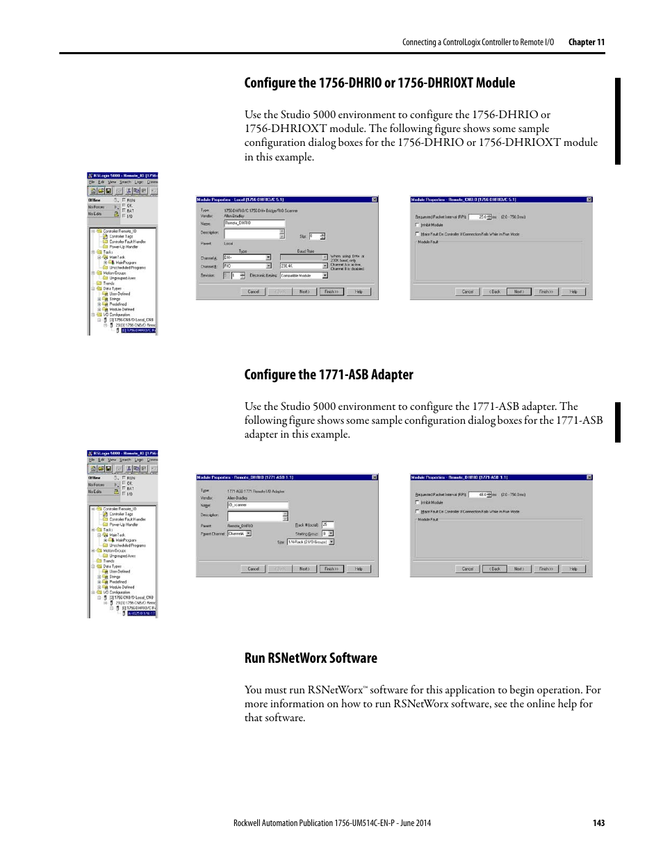 Configure the 1756-dhrio or 1756-dhrioxt module, Configure the 1771-asb adapter, Run rsnetworx software | Rockwell Automation 1756-DHRIO_DHRIOXT ControlLogix Data Highway Plus-Remote I/O Communication Interface Module User Manual | Page 143 / 176