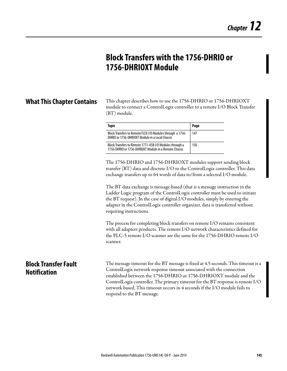 What this chapter contains, Block transfer fault notification, Chapter 12 | Chapter | Rockwell Automation 1756-DHRIO_DHRIOXT ControlLogix Data Highway Plus-Remote I/O Communication Interface Module User Manual | Page 145 / 176