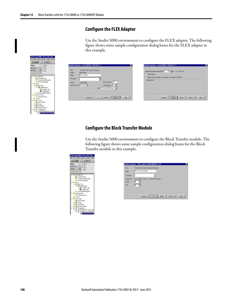 Configure the flex adapter, Configure the block transfer module | Rockwell Automation 1756-DHRIO_DHRIOXT ControlLogix Data Highway Plus-Remote I/O Communication Interface Module User Manual | Page 148 / 176