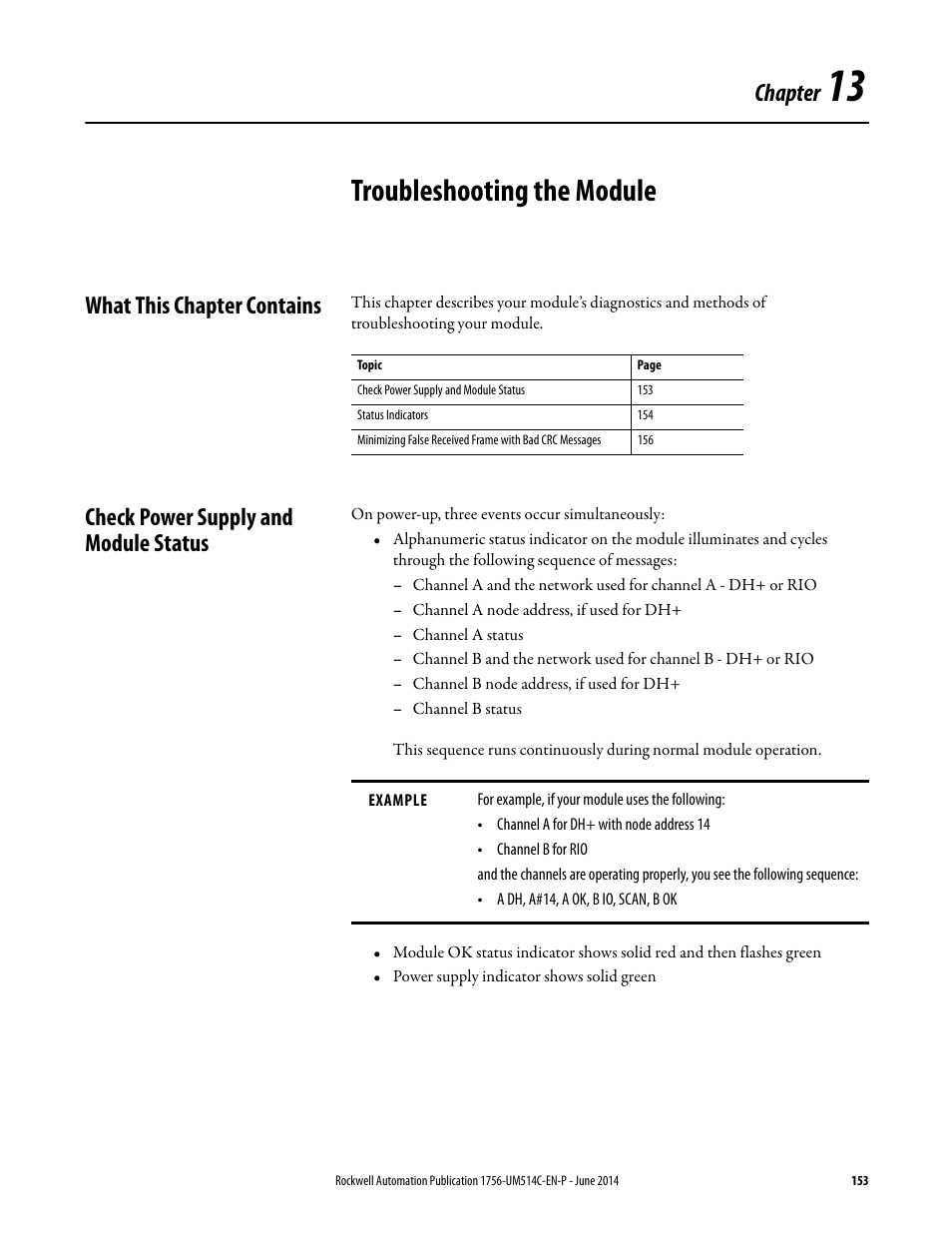13 - troubleshooting the module, What this chapter contains, Check power supply and module status | Chapter 13, Troubleshooting the module, Chapter | Rockwell Automation 1756-DHRIO_DHRIOXT ControlLogix Data Highway Plus-Remote I/O Communication Interface Module User Manual | Page 153 / 176