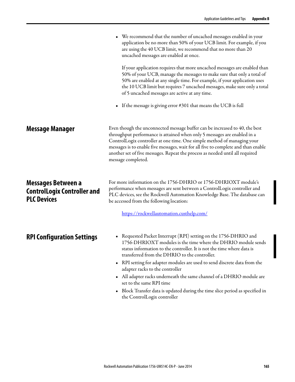 Message manager, Rpi configuration settings | Rockwell Automation 1756-DHRIO_DHRIOXT ControlLogix Data Highway Plus-Remote I/O Communication Interface Module User Manual | Page 165 / 176