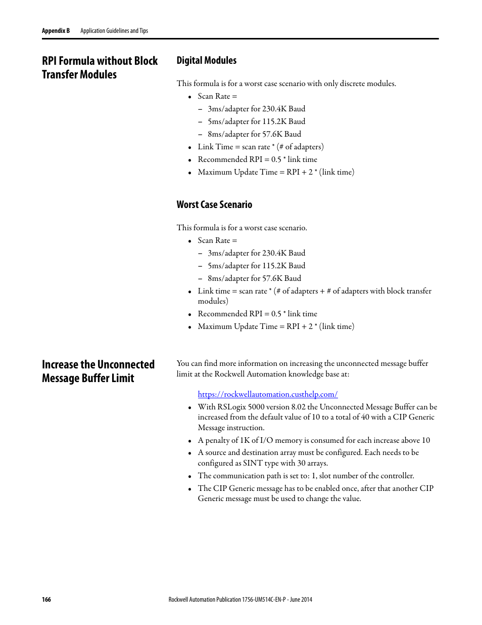 Rpi formula without block transfer modules, Digital modules, Worst case scenario | Increase the unconnected message buffer limit, Digital modules worst case scenario | Rockwell Automation 1756-DHRIO_DHRIOXT ControlLogix Data Highway Plus-Remote I/O Communication Interface Module User Manual | Page 166 / 176