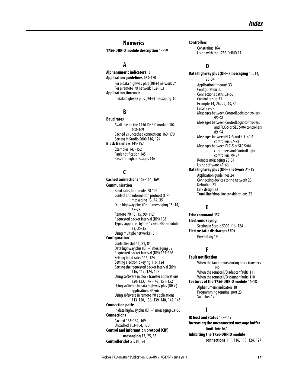 Index, Numerics | Rockwell Automation 1756-DHRIO_DHRIOXT ControlLogix Data Highway Plus-Remote I/O Communication Interface Module User Manual | Page 171 / 176