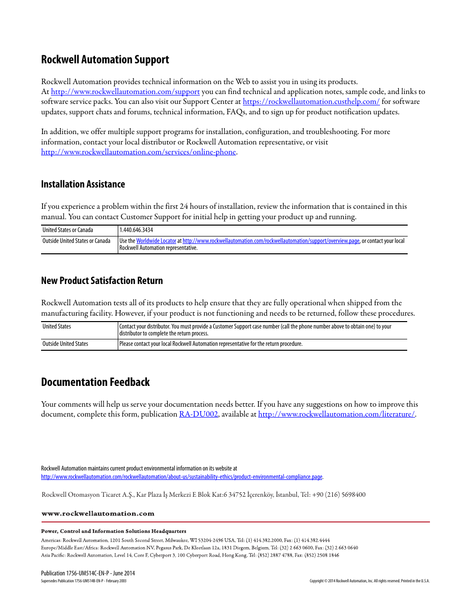 Back cover, Rockwell automation support, Documentation feedback | Installation assistance, New product satisfaction return | Rockwell Automation 1756-DHRIO_DHRIOXT ControlLogix Data Highway Plus-Remote I/O Communication Interface Module User Manual | Page 176 / 176