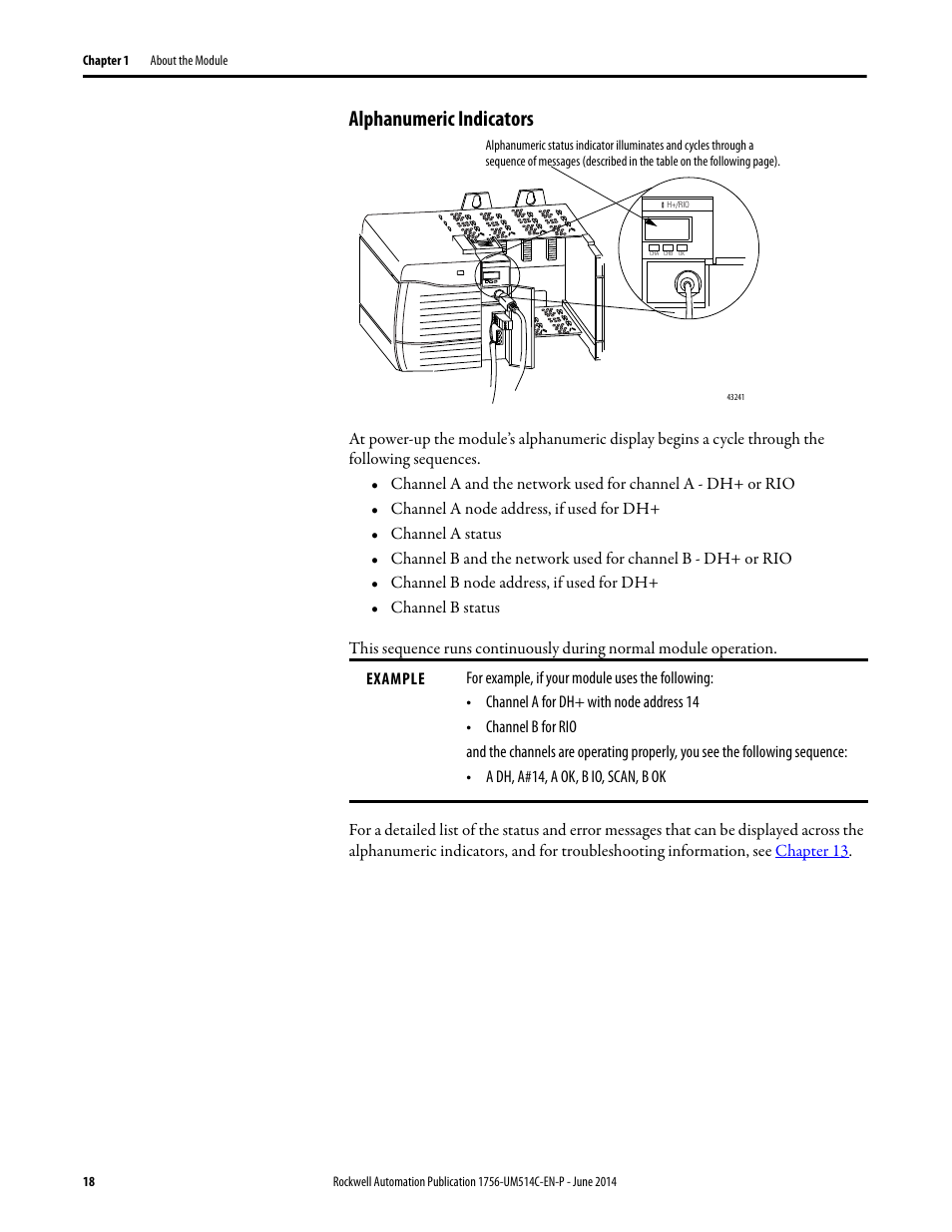 Alphanumeric indicators | Rockwell Automation 1756-DHRIO_DHRIOXT ControlLogix Data Highway Plus-Remote I/O Communication Interface Module User Manual | Page 18 / 176