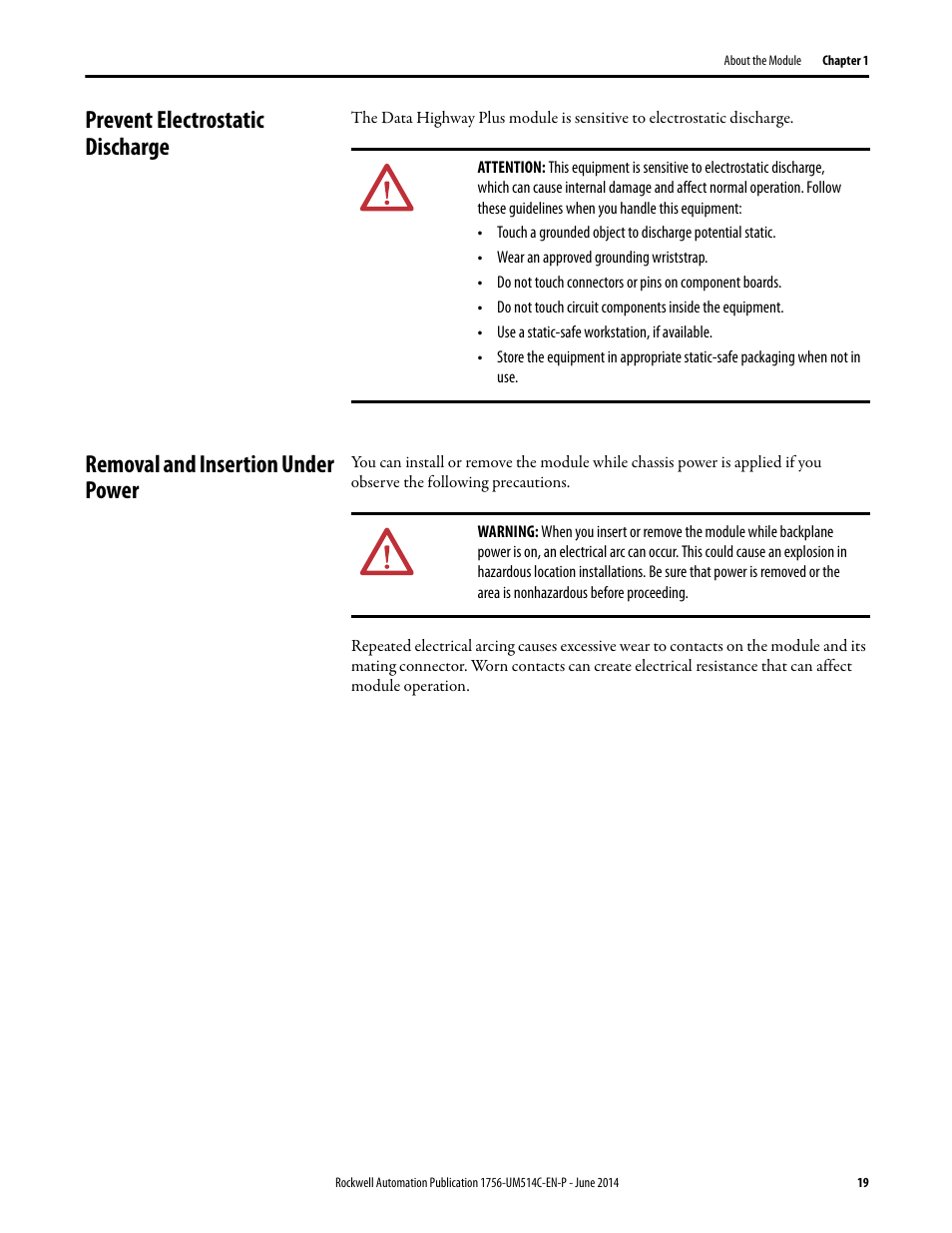 Prevent electrostatic discharge, Removal and insertion under power | Rockwell Automation 1756-DHRIO_DHRIOXT ControlLogix Data Highway Plus-Remote I/O Communication Interface Module User Manual | Page 19 / 176