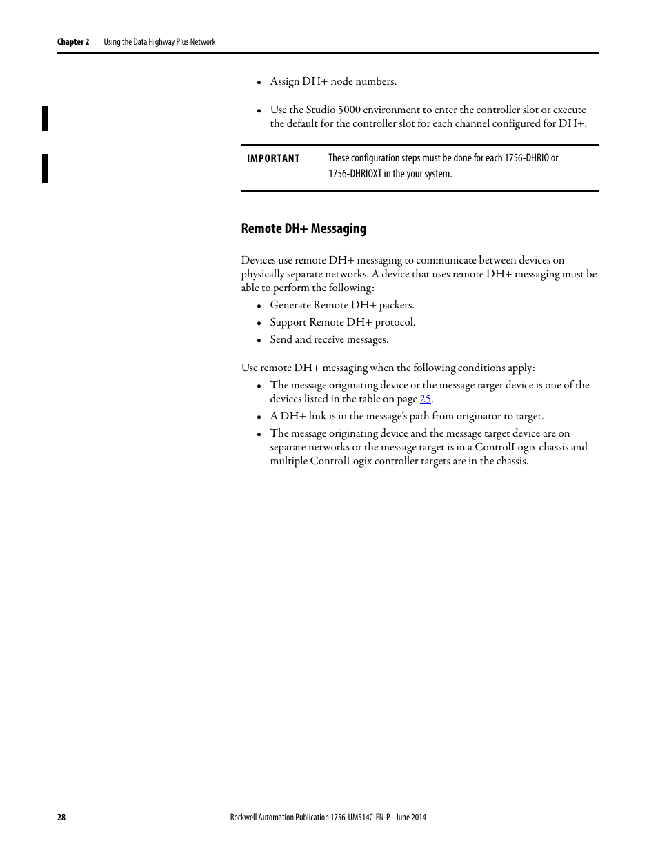 Remote dh+ messaging | Rockwell Automation 1756-DHRIO_DHRIOXT ControlLogix Data Highway Plus-Remote I/O Communication Interface Module User Manual | Page 28 / 176
