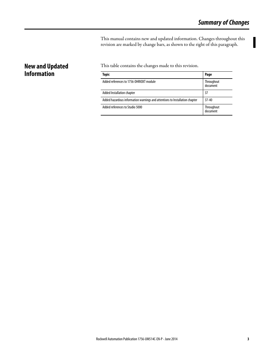 Summary of changes, New and updated information | Rockwell Automation 1756-DHRIO_DHRIOXT ControlLogix Data Highway Plus-Remote I/O Communication Interface Module User Manual | Page 3 / 176