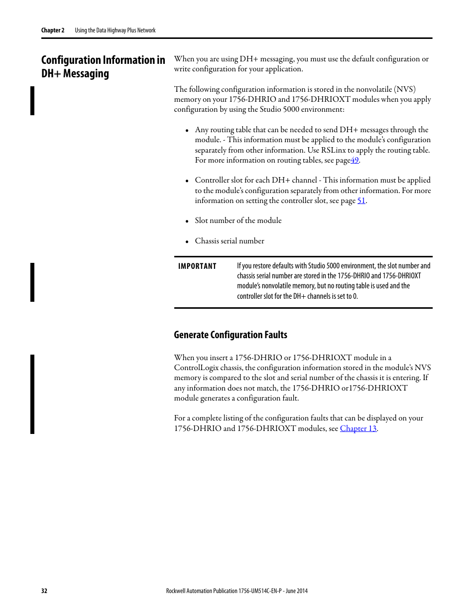 Configuration information in dh+ messaging, Generate configuration faults | Rockwell Automation 1756-DHRIO_DHRIOXT ControlLogix Data Highway Plus-Remote I/O Communication Interface Module User Manual | Page 32 / 176