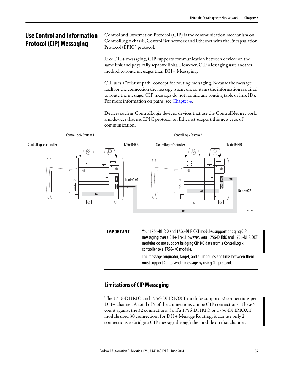 Limitations of cip messaging | Rockwell Automation 1756-DHRIO_DHRIOXT ControlLogix Data Highway Plus-Remote I/O Communication Interface Module User Manual | Page 35 / 176