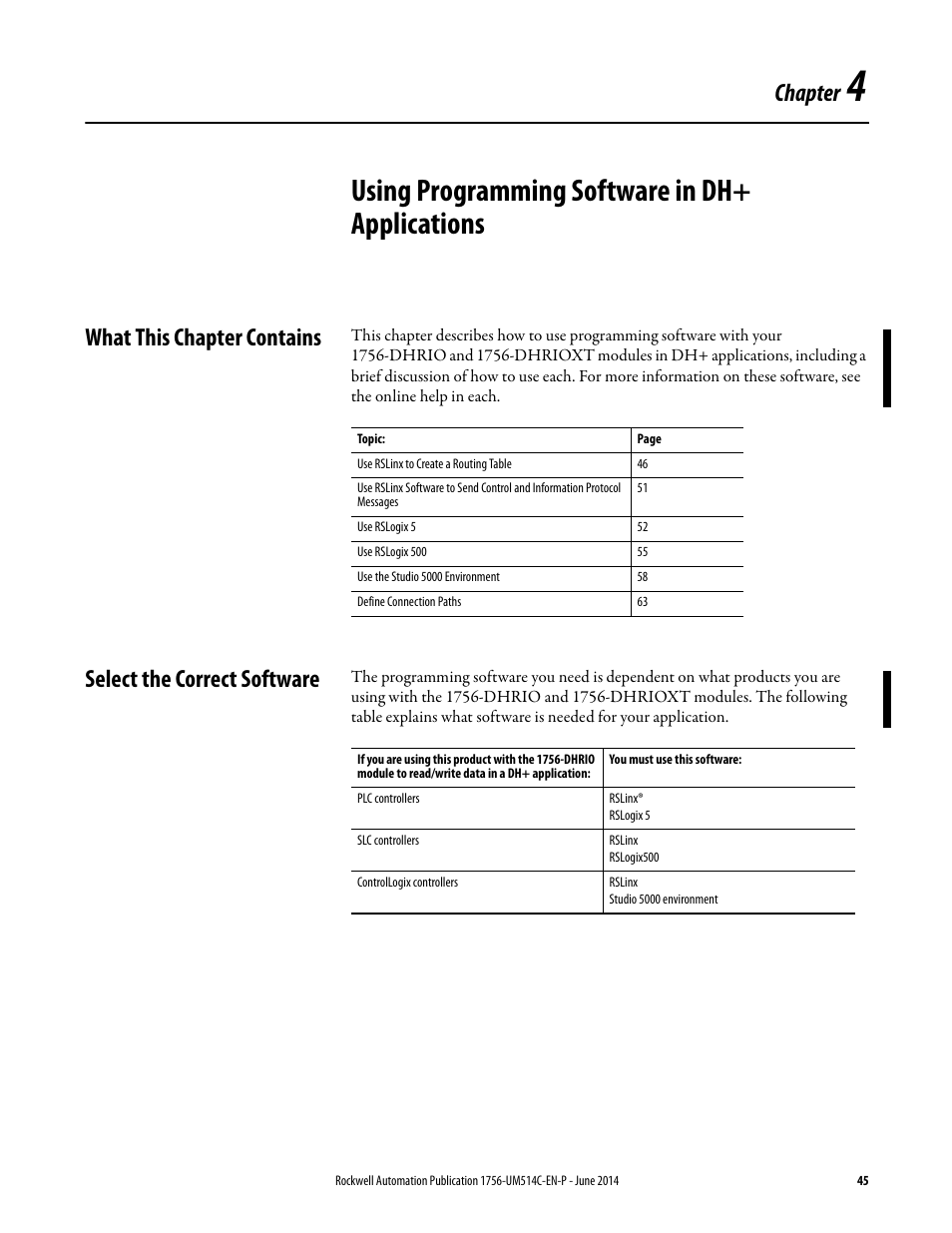 4 - using programming software in dh+ applications, What this chapter contains, Select the correct software | Chapter 4, Using programming software in dh+ applications, Chapter | Rockwell Automation 1756-DHRIO_DHRIOXT ControlLogix Data Highway Plus-Remote I/O Communication Interface Module User Manual | Page 45 / 176