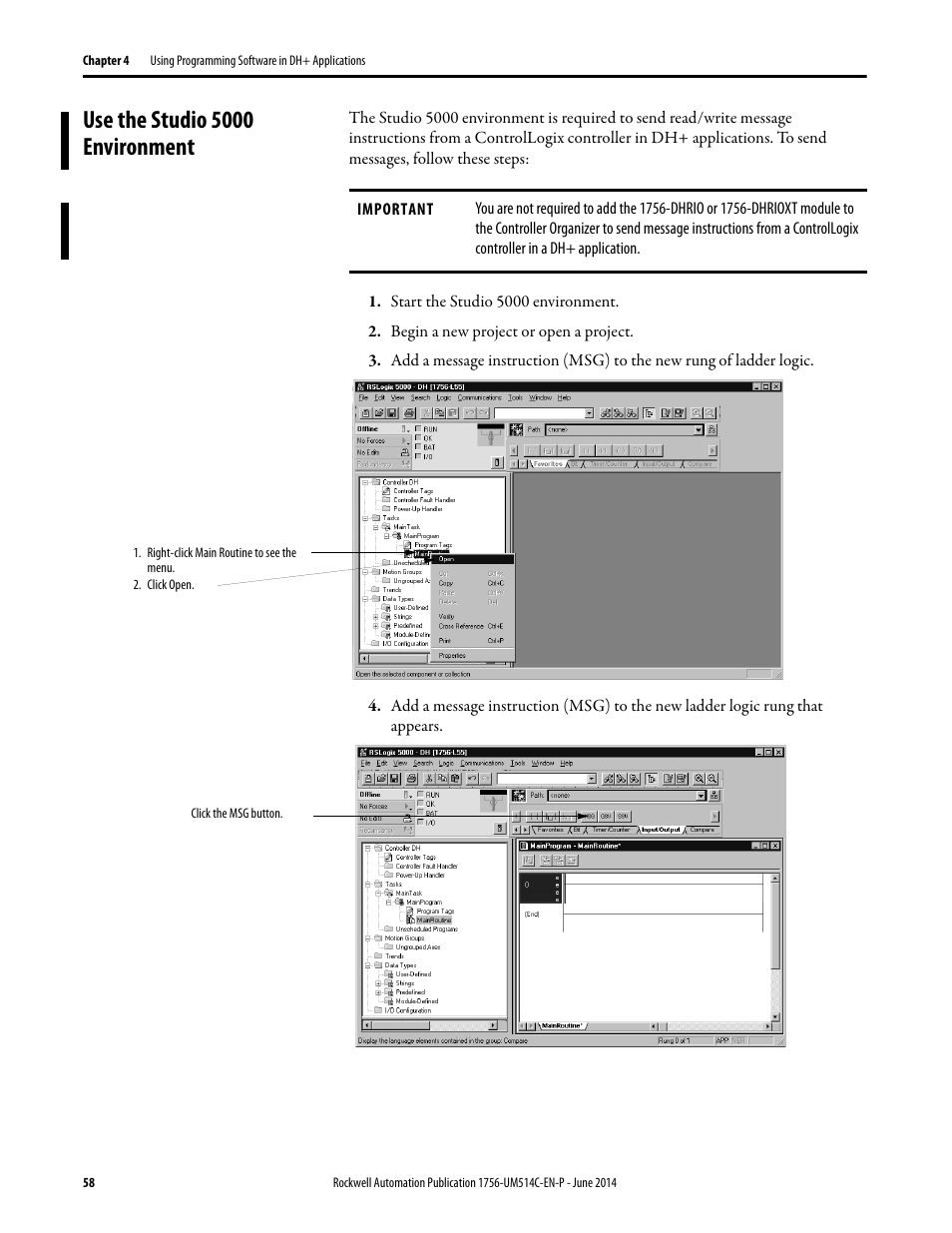 Use the studio 5000 environment | Rockwell Automation 1756-DHRIO_DHRIOXT ControlLogix Data Highway Plus-Remote I/O Communication Interface Module User Manual | Page 58 / 176