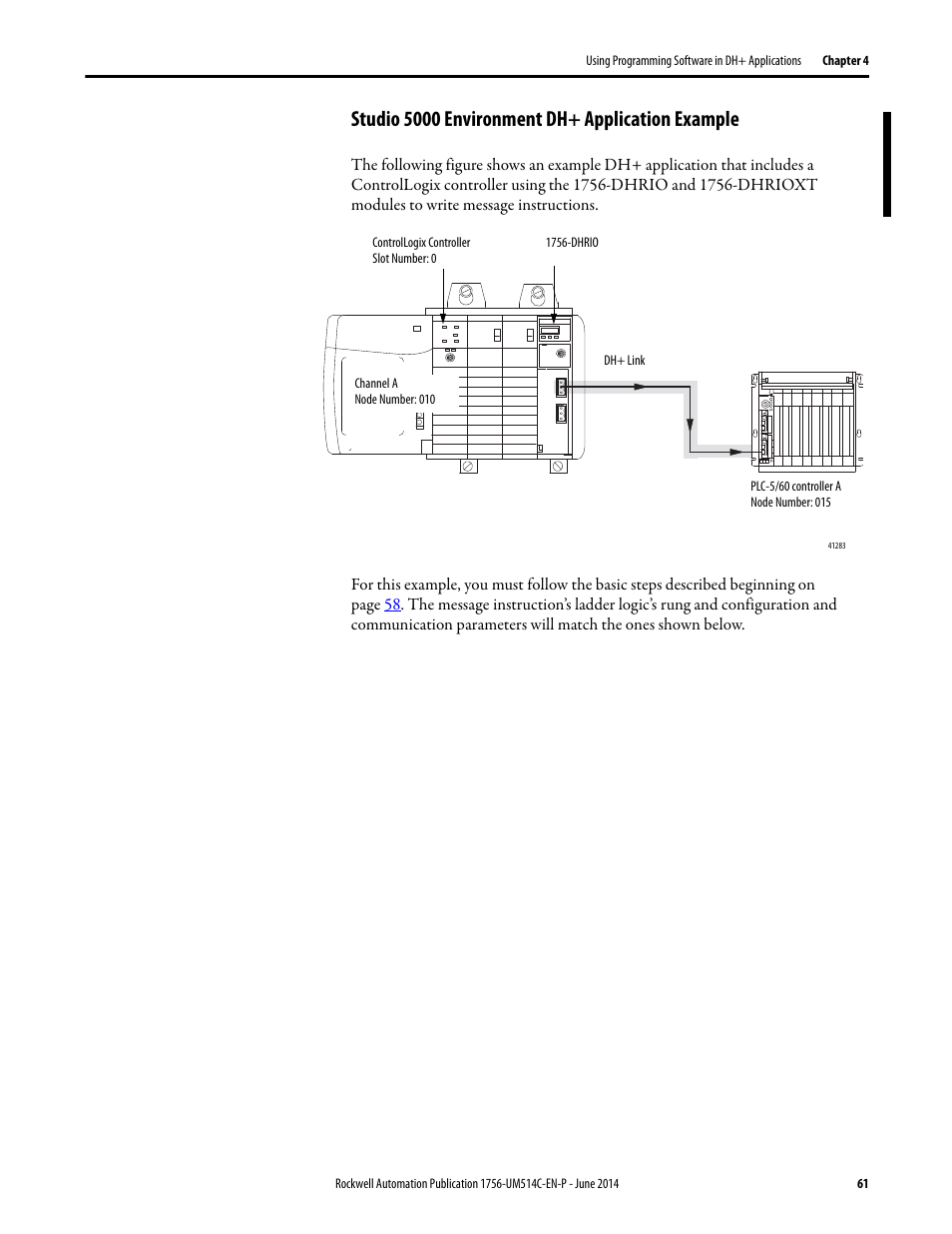 Studio 5000 environment dh+ application example | Rockwell Automation 1756-DHRIO_DHRIOXT ControlLogix Data Highway Plus-Remote I/O Communication Interface Module User Manual | Page 61 / 176