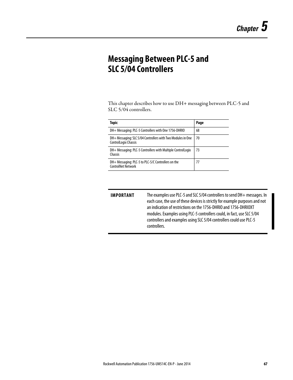 Chapter 5, Messaging between plc-5 and slc 5/04 controllers, Chapter | Rockwell Automation 1756-DHRIO_DHRIOXT ControlLogix Data Highway Plus-Remote I/O Communication Interface Module User Manual | Page 67 / 176