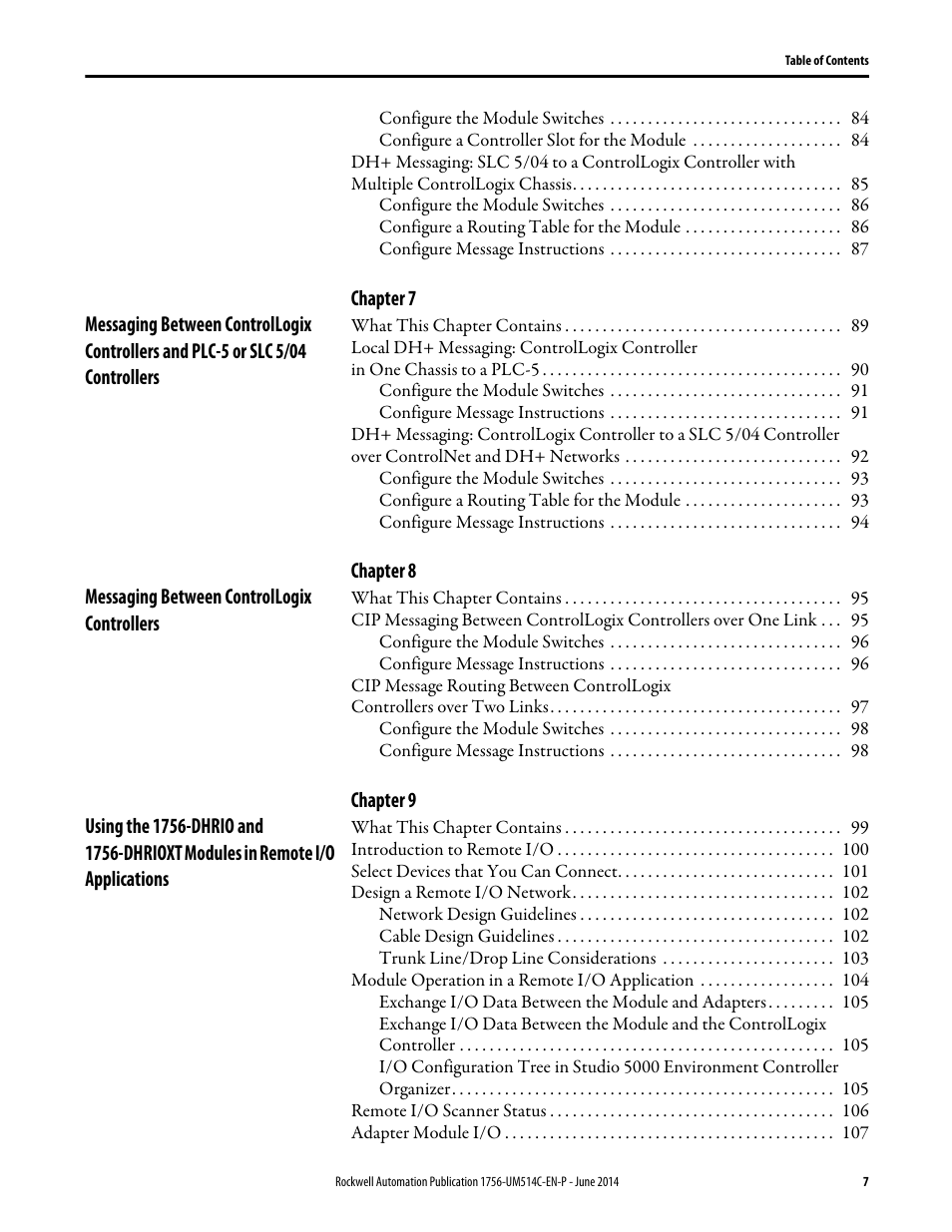 Rockwell Automation 1756-DHRIO_DHRIOXT ControlLogix Data Highway Plus-Remote I/O Communication Interface Module User Manual | Page 7 / 176