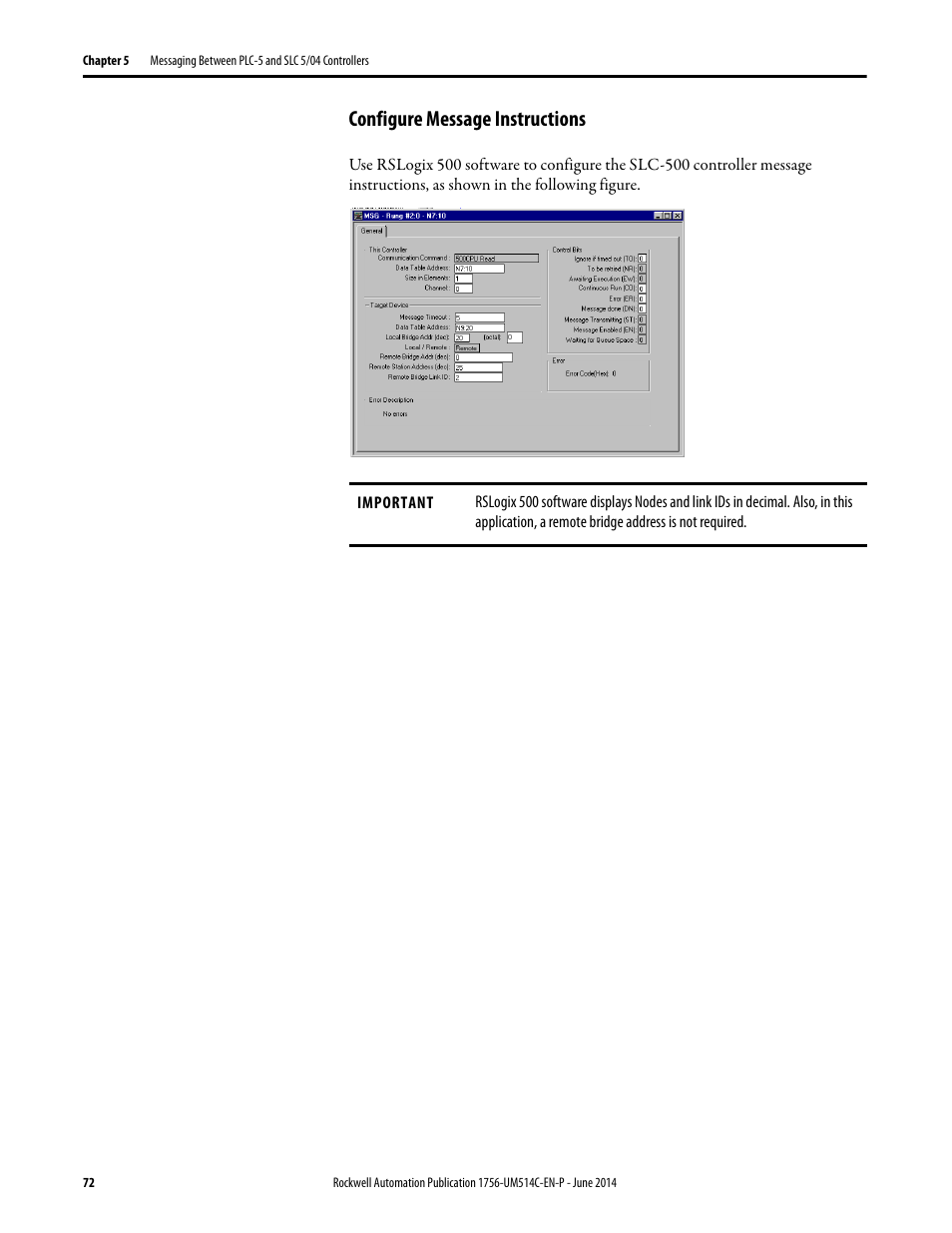 Configure message instructions | Rockwell Automation 1756-DHRIO_DHRIOXT ControlLogix Data Highway Plus-Remote I/O Communication Interface Module User Manual | Page 72 / 176