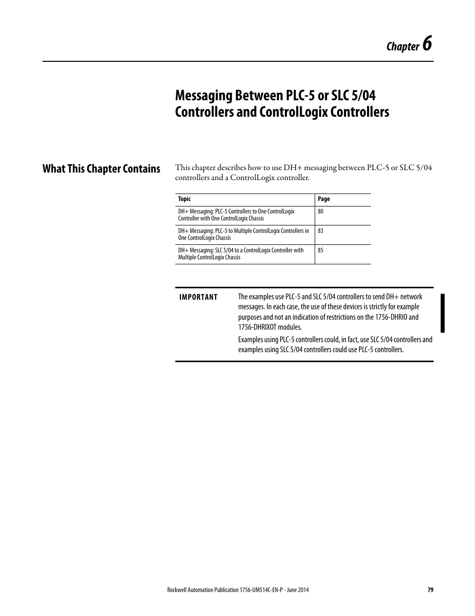 What this chapter contains, Chapter 6, Chapter | Rockwell Automation 1756-DHRIO_DHRIOXT ControlLogix Data Highway Plus-Remote I/O Communication Interface Module User Manual | Page 79 / 176