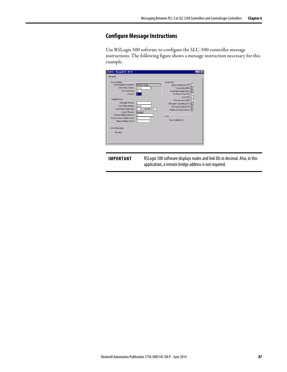 Configure message instructions | Rockwell Automation 1756-DHRIO_DHRIOXT ControlLogix Data Highway Plus-Remote I/O Communication Interface Module User Manual | Page 87 / 176