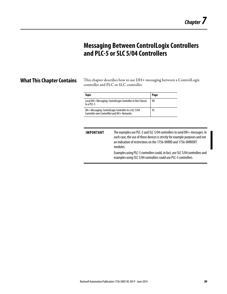 What this chapter contains, Chapter 7, Chapter | Rockwell Automation 1756-DHRIO_DHRIOXT ControlLogix Data Highway Plus-Remote I/O Communication Interface Module User Manual | Page 89 / 176