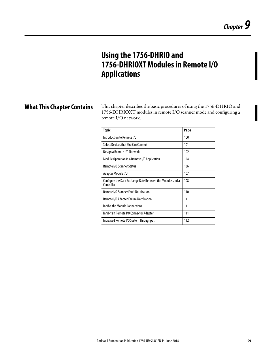 What this chapter contains, Chapter 9, Chapter | Rockwell Automation 1756-DHRIO_DHRIOXT ControlLogix Data Highway Plus-Remote I/O Communication Interface Module User Manual | Page 99 / 176
