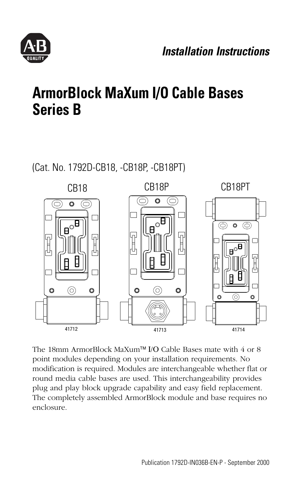 Rockwell Automation 1792D-CB18PT ArmorBlock MaXum I/O Cable Bases Series B User Manual | 12 pages