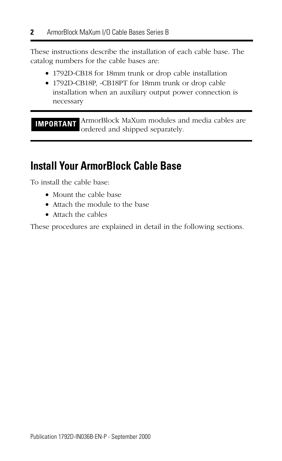 Install your armorblock cable base | Rockwell Automation 1792D-CB18PT ArmorBlock MaXum I/O Cable Bases Series B User Manual | Page 2 / 12