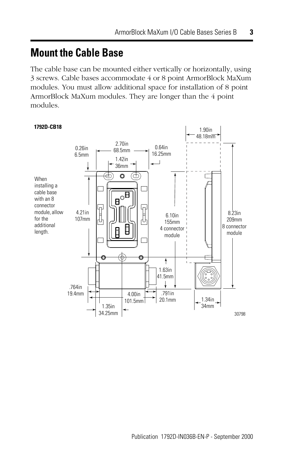 Mount the cable base, Armorblock maxum i/o cable bases series b 3 | Rockwell Automation 1792D-CB18PT ArmorBlock MaXum I/O Cable Bases Series B User Manual | Page 3 / 12