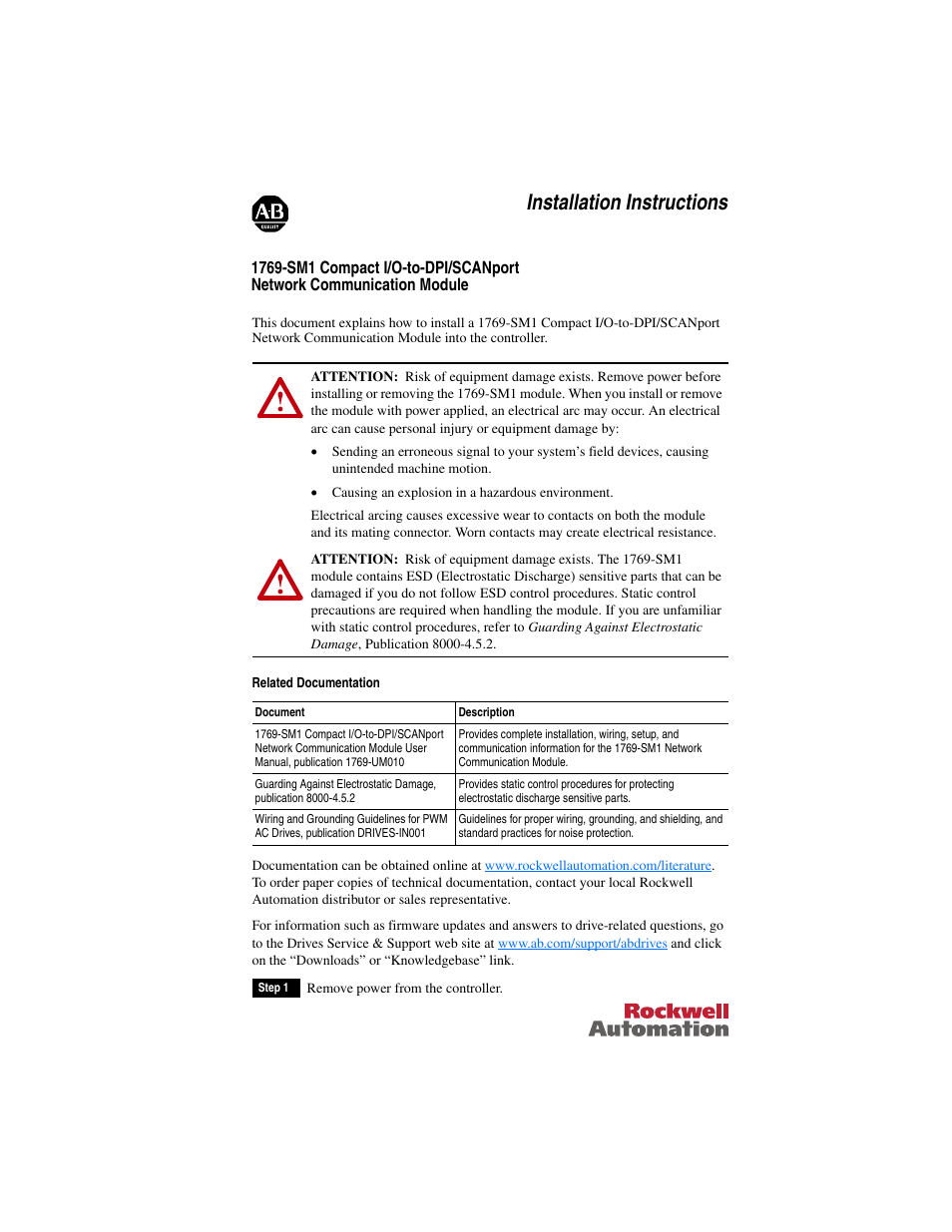 Rockwell Automation 1769-SM1 Compact I/O-to-DPI/SCANport Network Communication Module User Manual | 8 pages