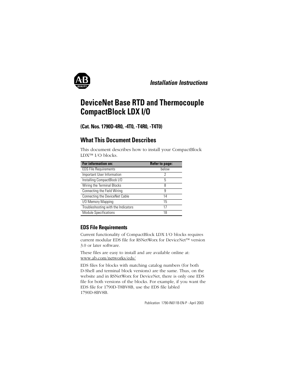 Rockwell Automation 1790-XXXX CompactBlock LDX I/O DeviceNet RTD and Thermocouple User Manual | 24 pages