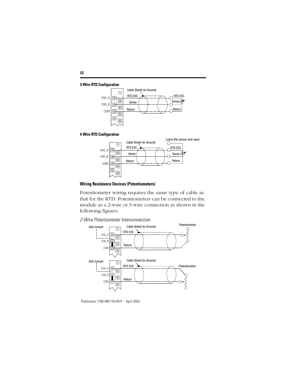 Wire rtd configuration, Wiring resistance devices (potentiometers) | Rockwell Automation 1790-XXXX CompactBlock LDX I/O DeviceNet RTD and Thermocouple User Manual | Page 12 / 24