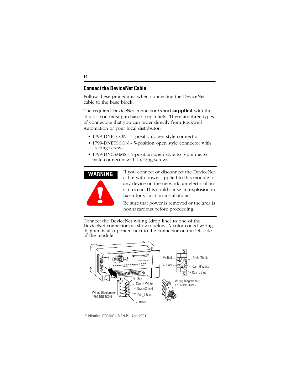 Connect the devicenet cable | Rockwell Automation 1790-XXXX CompactBlock LDX I/O DeviceNet RTD and Thermocouple User Manual | Page 14 / 24