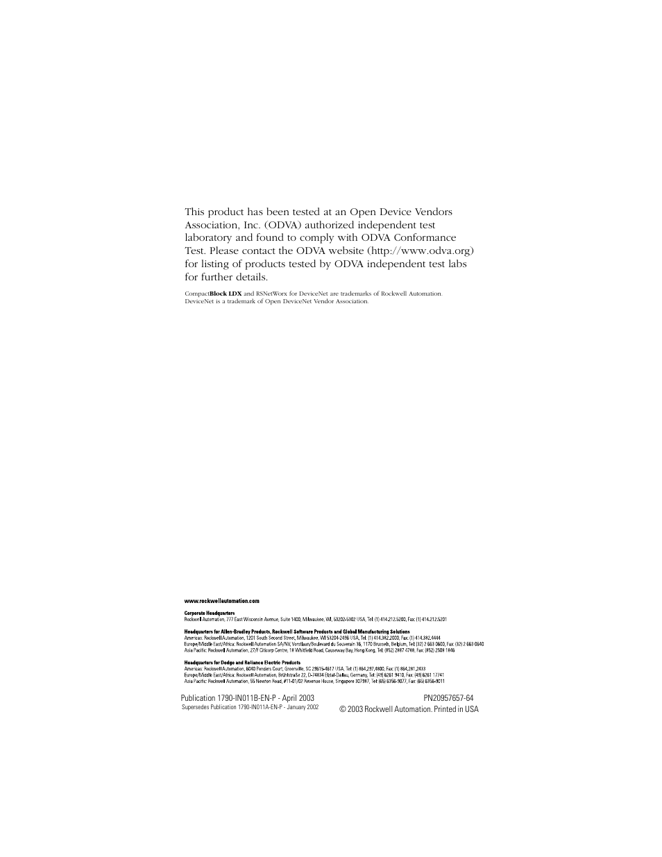 Back cover | Rockwell Automation 1790-XXXX CompactBlock LDX I/O DeviceNet RTD and Thermocouple User Manual | Page 24 / 24