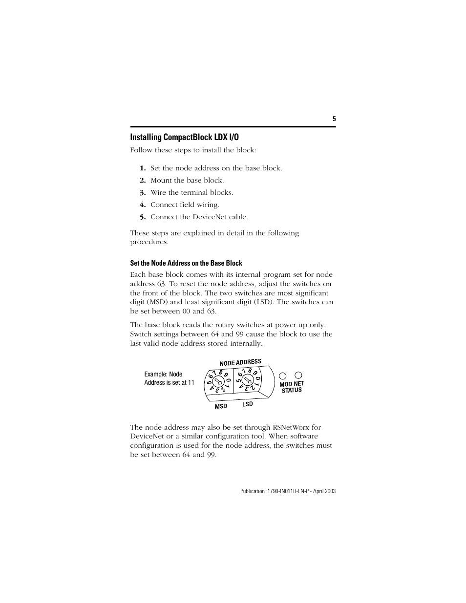 Installing compactblock ldx i/o, Set the node address on the base block | Rockwell Automation 1790-XXXX CompactBlock LDX I/O DeviceNet RTD and Thermocouple User Manual | Page 5 / 24