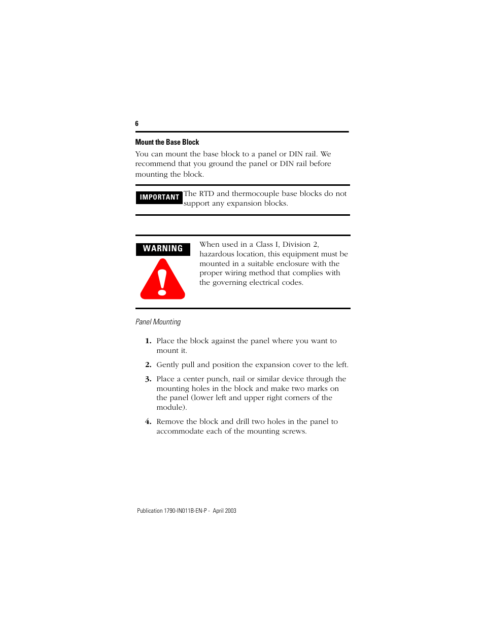 Mount the base block | Rockwell Automation 1790-XXXX CompactBlock LDX I/O DeviceNet RTD and Thermocouple User Manual | Page 6 / 24