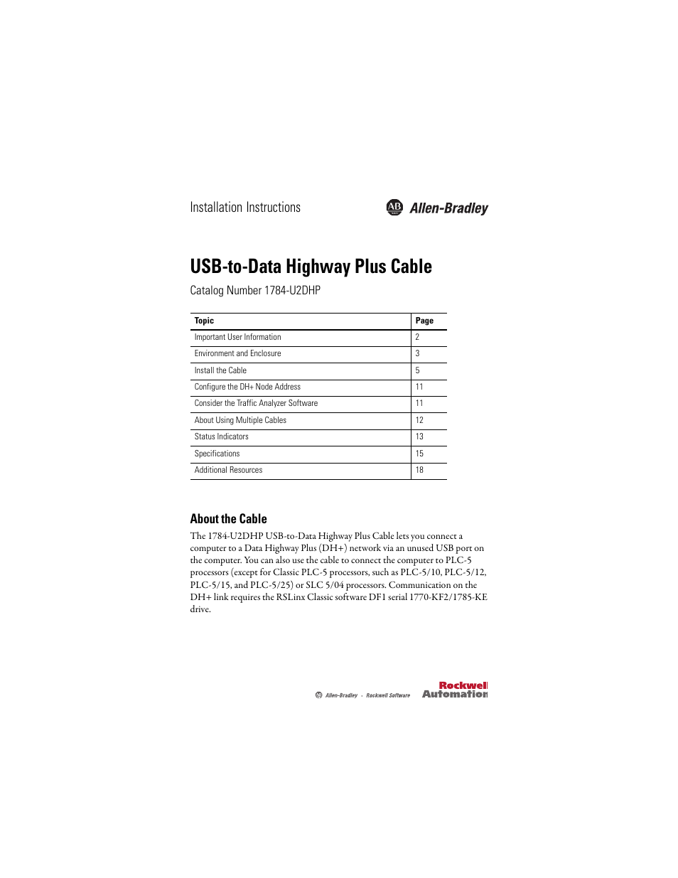 Rockwell Automation 1784-U2DHP USB-to-Data Highway Plus Cable Installation Instructions User Manual | 20 pages