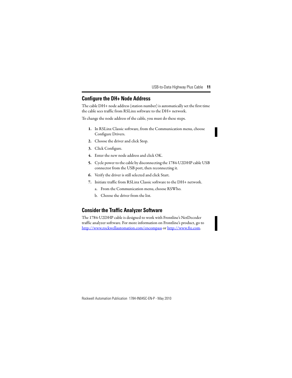 Configure the dh+ node address, Consider the traffic analyzer software, Configure the dh+ node address on | Rockwell Automation 1784-U2DHP USB-to-Data Highway Plus Cable Installation Instructions User Manual | Page 11 / 20