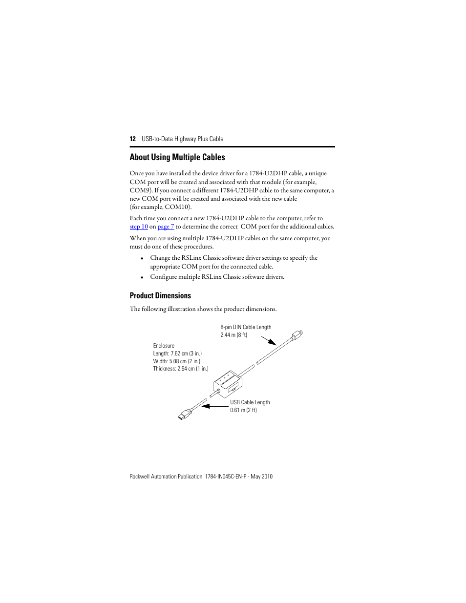 About using multiple cables, Product dimensions | Rockwell Automation 1784-U2DHP USB-to-Data Highway Plus Cable Installation Instructions User Manual | Page 12 / 20