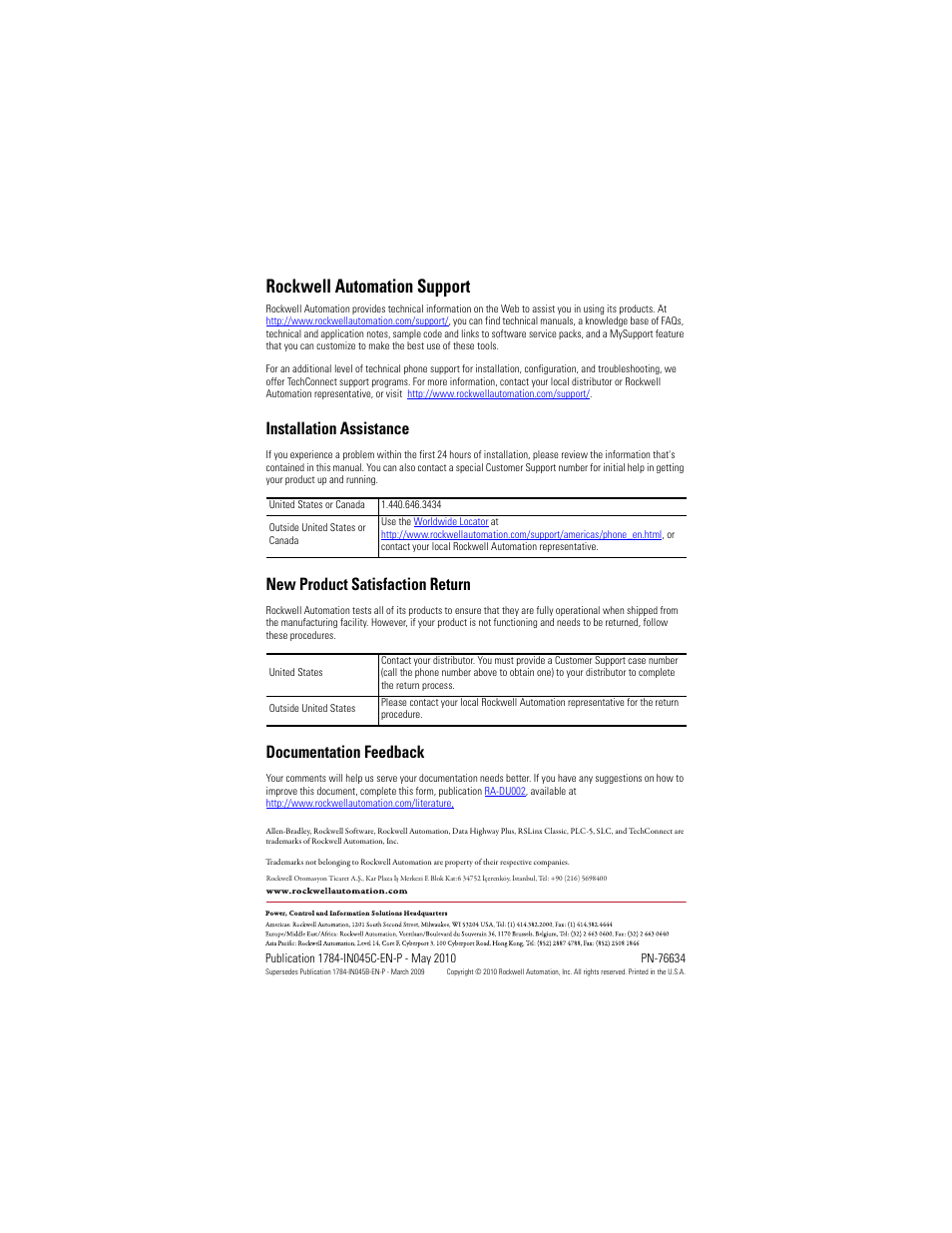 Back cover, Rockwell automation support, Installation assistance | New product satisfaction return, Documentation feedback | Rockwell Automation 1784-U2DHP USB-to-Data Highway Plus Cable Installation Instructions User Manual | Page 20 / 20