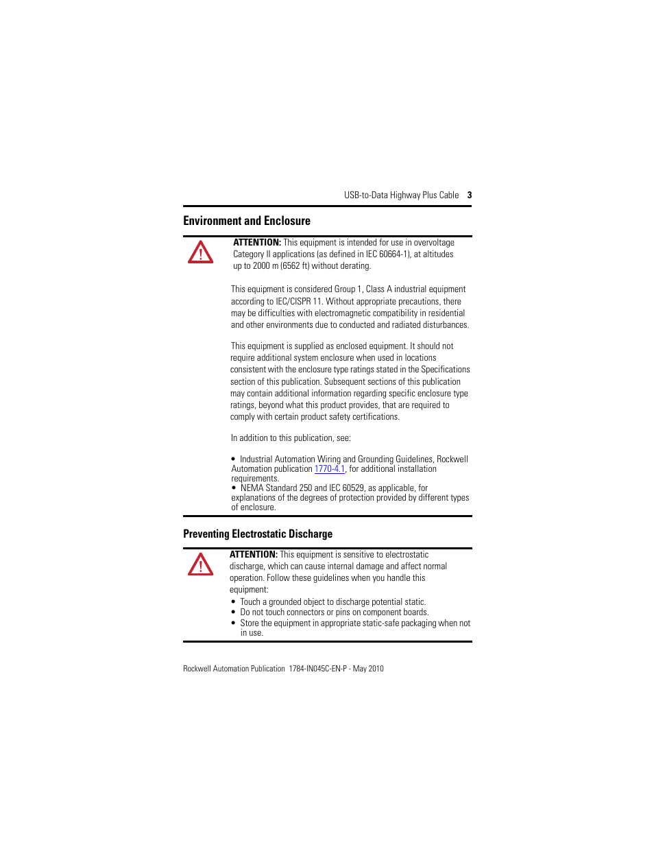 Environment and enclosure, Preventing electrostatic discharge | Rockwell Automation 1784-U2DHP USB-to-Data Highway Plus Cable Installation Instructions User Manual | Page 3 / 20