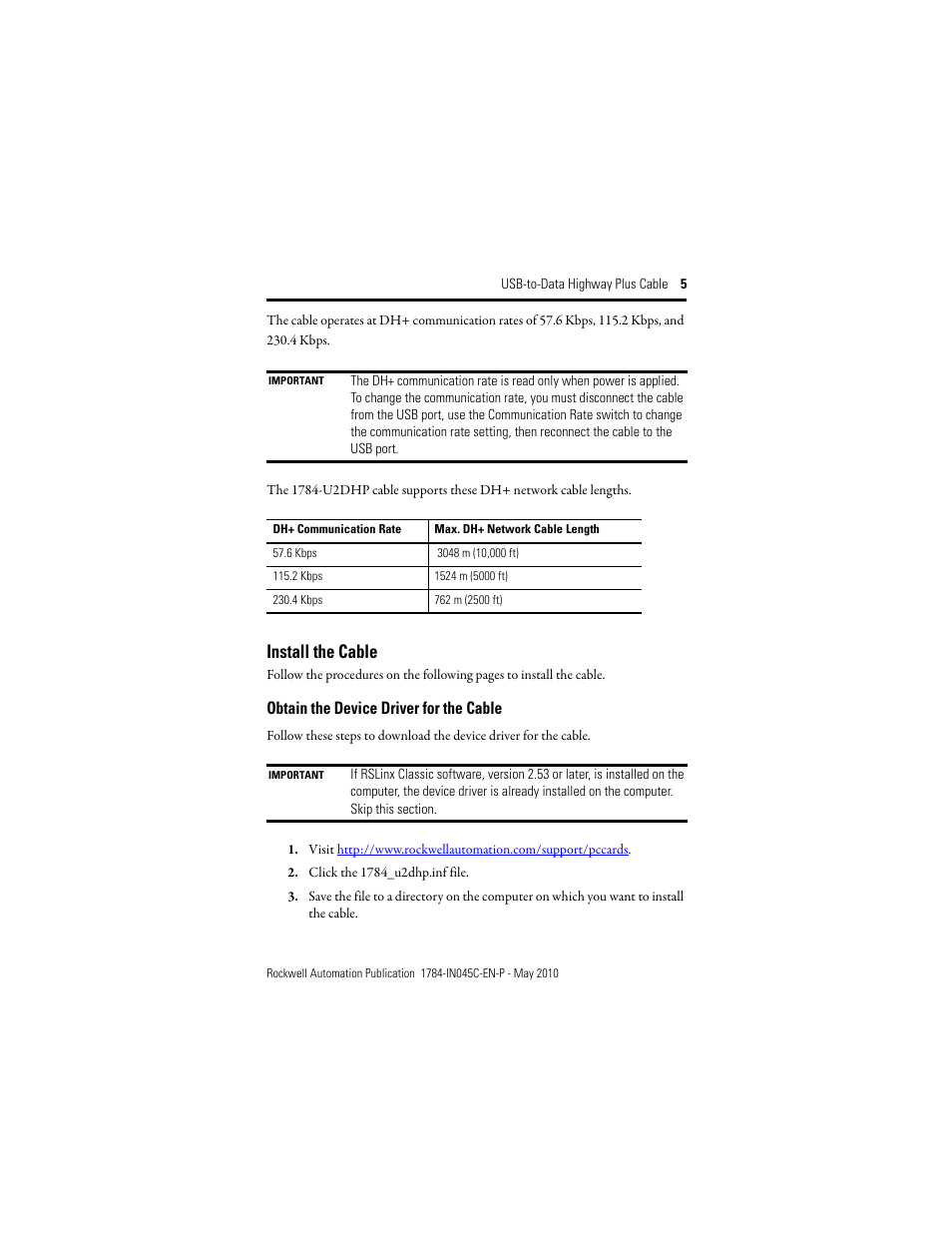 Install the cable, Obtain the device driver for the cable | Rockwell Automation 1784-U2DHP USB-to-Data Highway Plus Cable Installation Instructions User Manual | Page 5 / 20