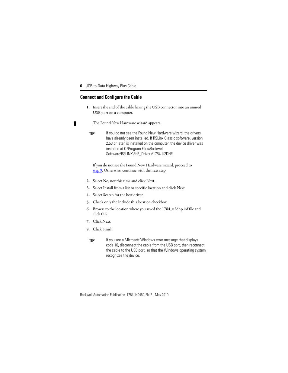 Connect and configure the cable | Rockwell Automation 1784-U2DHP USB-to-Data Highway Plus Cable Installation Instructions User Manual | Page 6 / 20