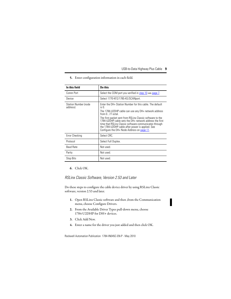 Rslinx classic software, version 2.53 and later | Rockwell Automation 1784-U2DHP USB-to-Data Highway Plus Cable Installation Instructions User Manual | Page 9 / 20