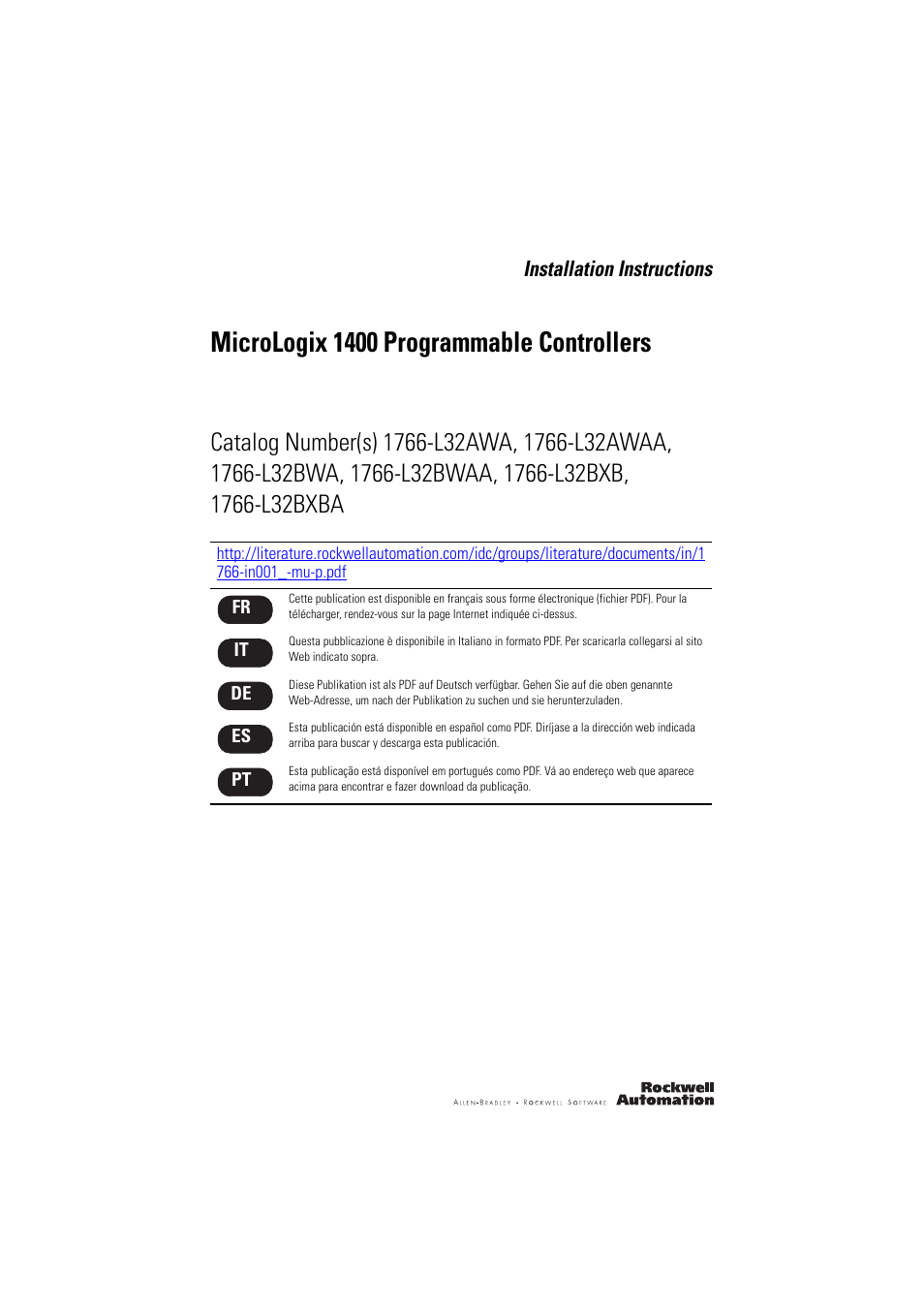 Rockwell Automation 1766-L32xxx MicroLogix 1400 Programmable Controllers Installation Instructions User Manual | 45 pages