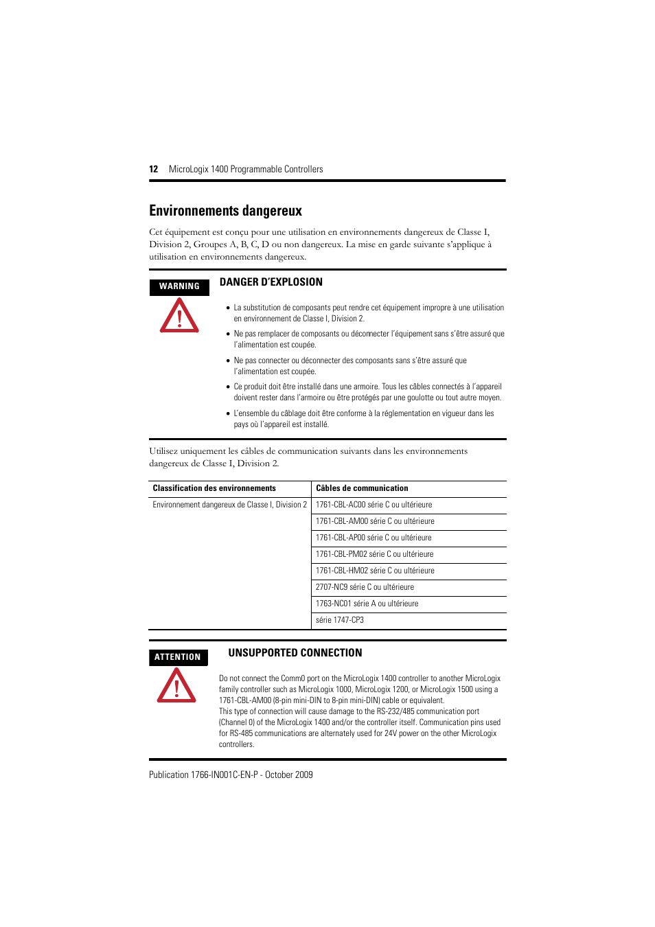 Environnements dangereux | Rockwell Automation 1766-L32xxx MicroLogix 1400 Programmable Controllers Installation Instructions User Manual | Page 12 / 45