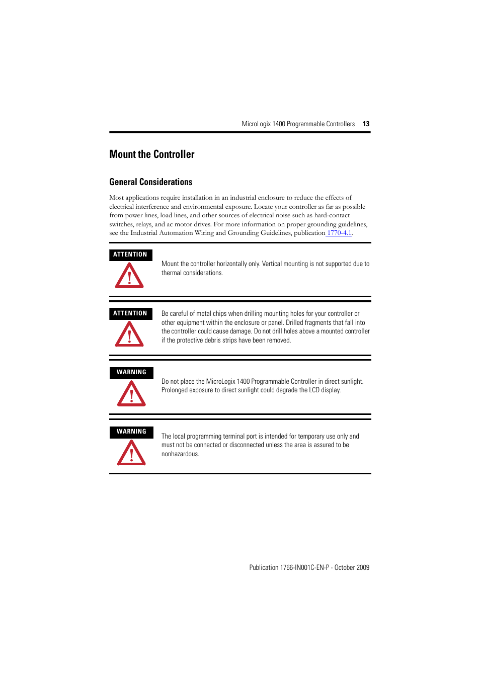 Mount the controller, General considerations | Rockwell Automation 1766-L32xxx MicroLogix 1400 Programmable Controllers Installation Instructions User Manual | Page 13 / 45